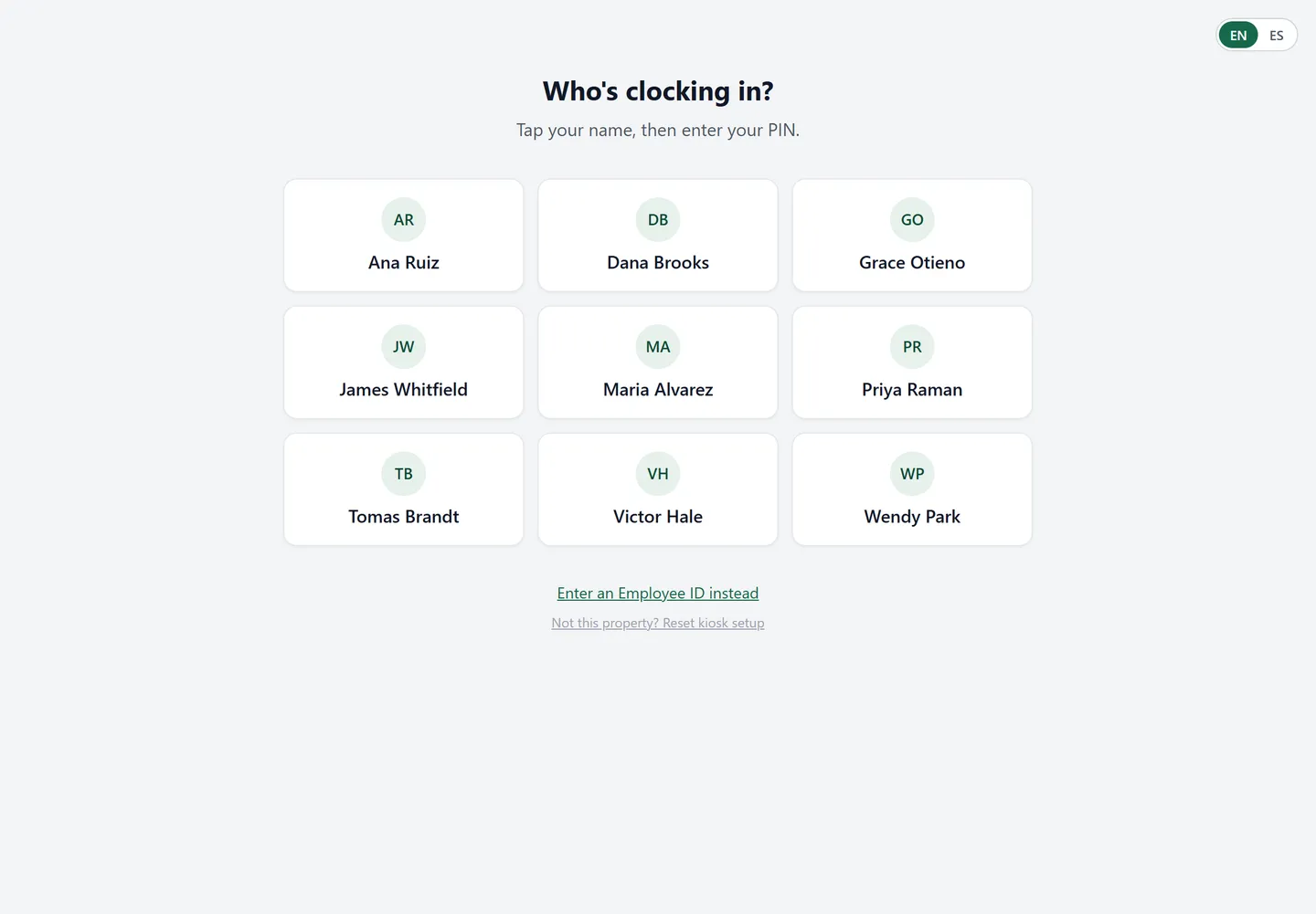 The ProfitClock kiosk on a front-desk iPad, headed 'Who's clocking in?', showing nine staff as tappable name cards with initials.